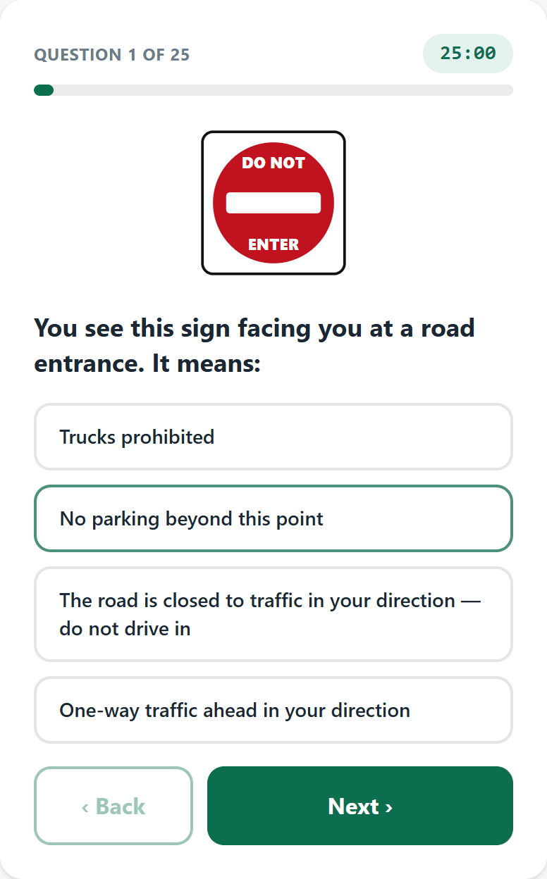 Exam simulator question showing a road sign with a countdown timer
